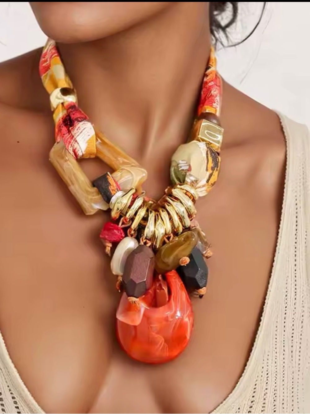 Statement Multicolor Resin & Fabric Pendant Necklace - Orange Accent